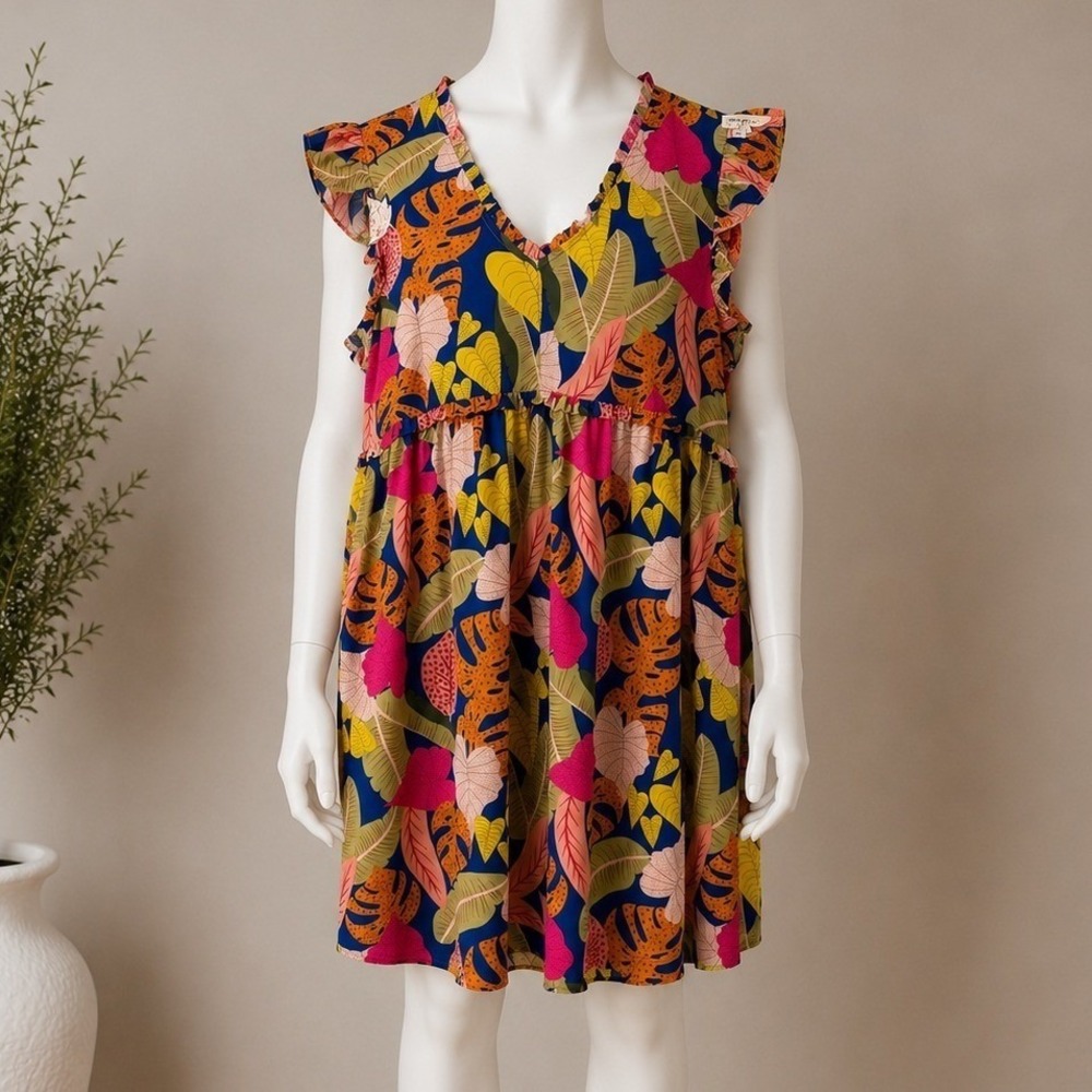 Umgee Tropical Leaf Flutter Sleeve Babydoll Mini Dress C3776 Blue‎ Pink Mens M